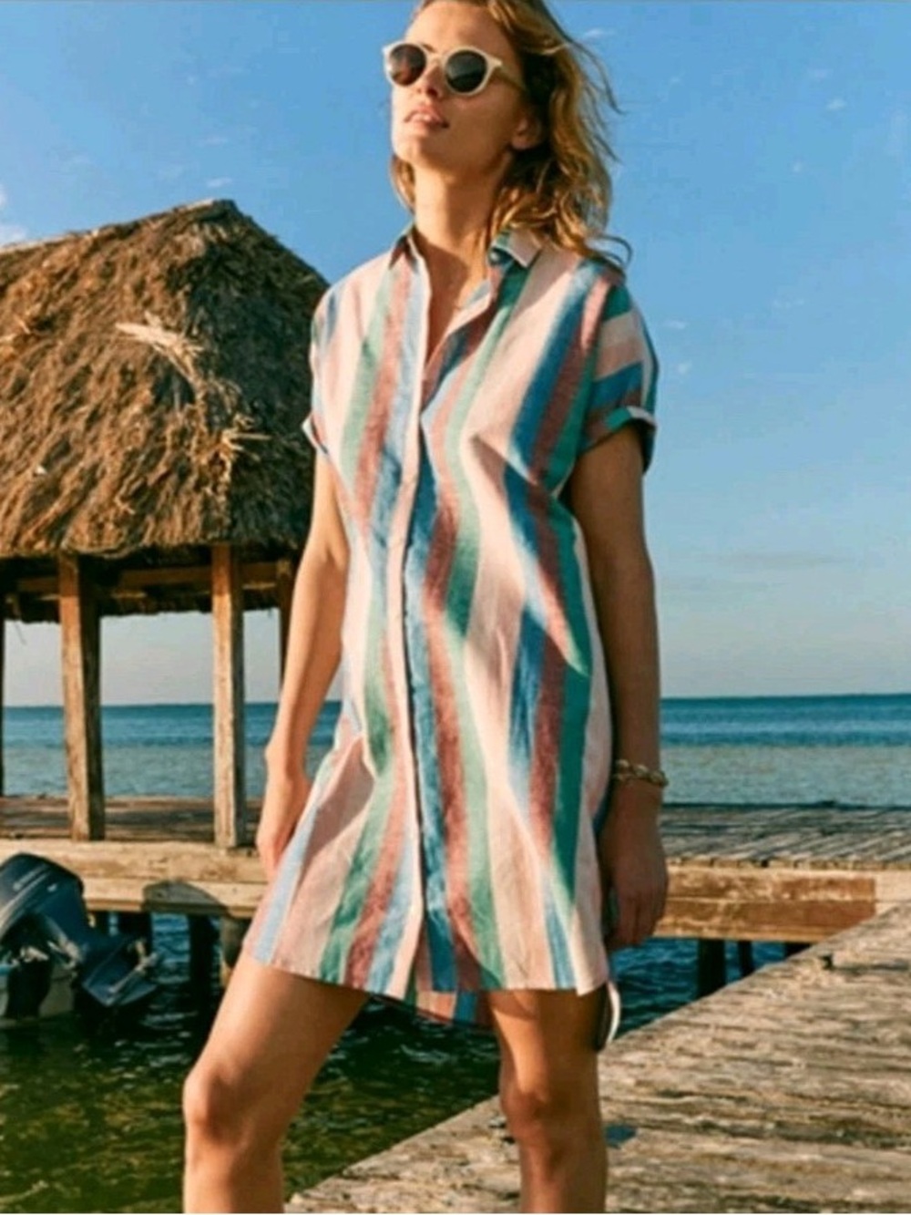Madewell Linen Blend Pink Blue Central Shirtdress in Flagstaff Stripes, Size 2x